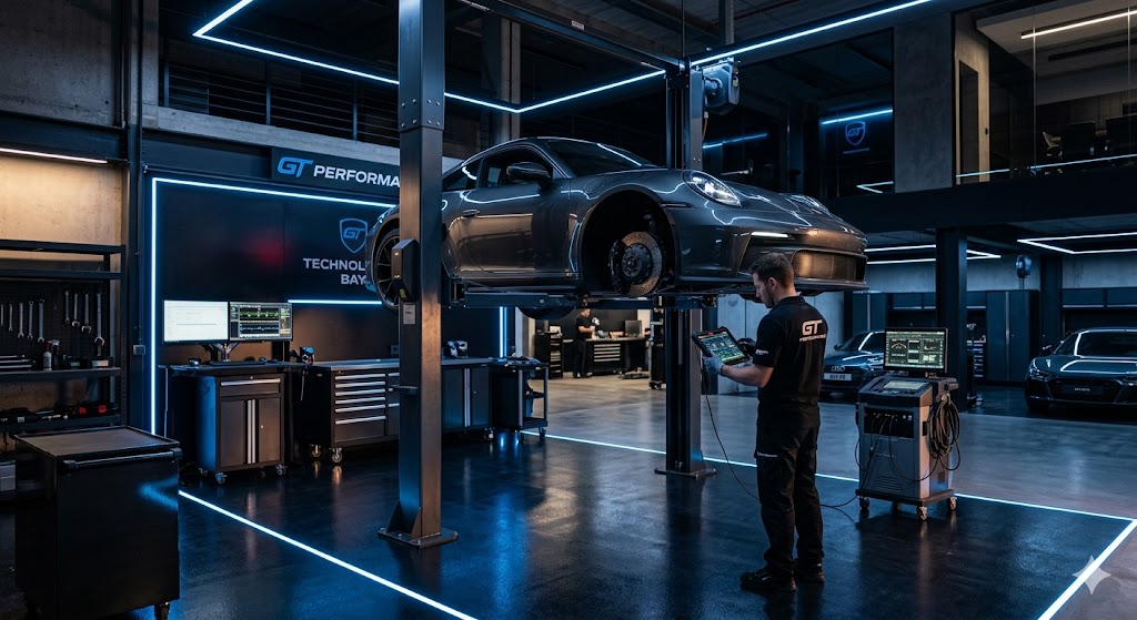 Промт за Gemini: Реалистична снимка на висок клас модерен автосервиз в тъмен режим. Отпред има лъскав спортен автомобил (например тъмносиво Porsche или Audi R8), който се диагностицира на подемник. Около него има фини неонови сини светлини, светлинни градиенти и високотехнологично оборудване. Стилът е футуристичен, изчистен и изглежда изключително премиум. Запиши в: live_site/images/hero_garage.jpg